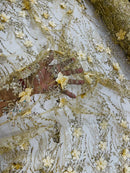 3D Glitter Floral Design Fabric - Gold - Floral Line Design Embroidered Sequins Fabric by Yard