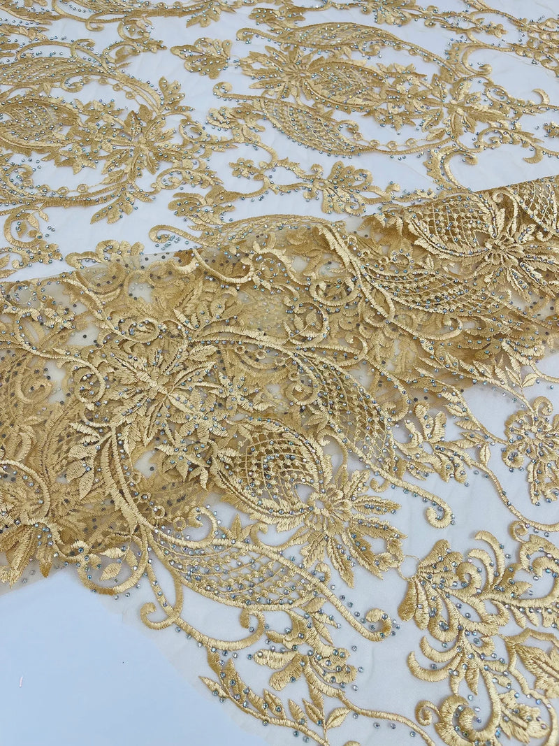 Damask Rhinestone Fabric - Gold - Beaded Embroidery Corded Lace Fabric Sold by Yard