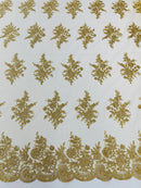 Floral Lace Flower Fabric - Gold - Floral Embroidered Fabric with Sequins on Lace By Yard