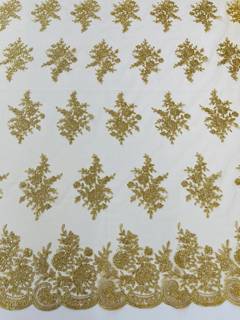 Floral Lace Flower Fabric - Gold - Floral Embroidered Fabric with Sequins on Lace By Yard
