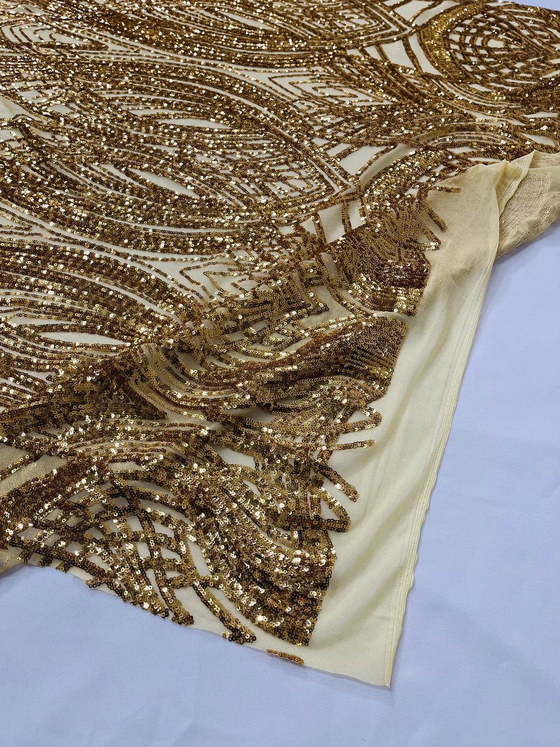 Long Wavy Pattern Sequins - Gold - 4 Way Stretch Sequins Fabric Line Design By Yard