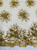 Beaded Flower Cluster Fabric - Gold - Beaded Floral Gaviota Design Embroidered On Mesh Sold By Yard