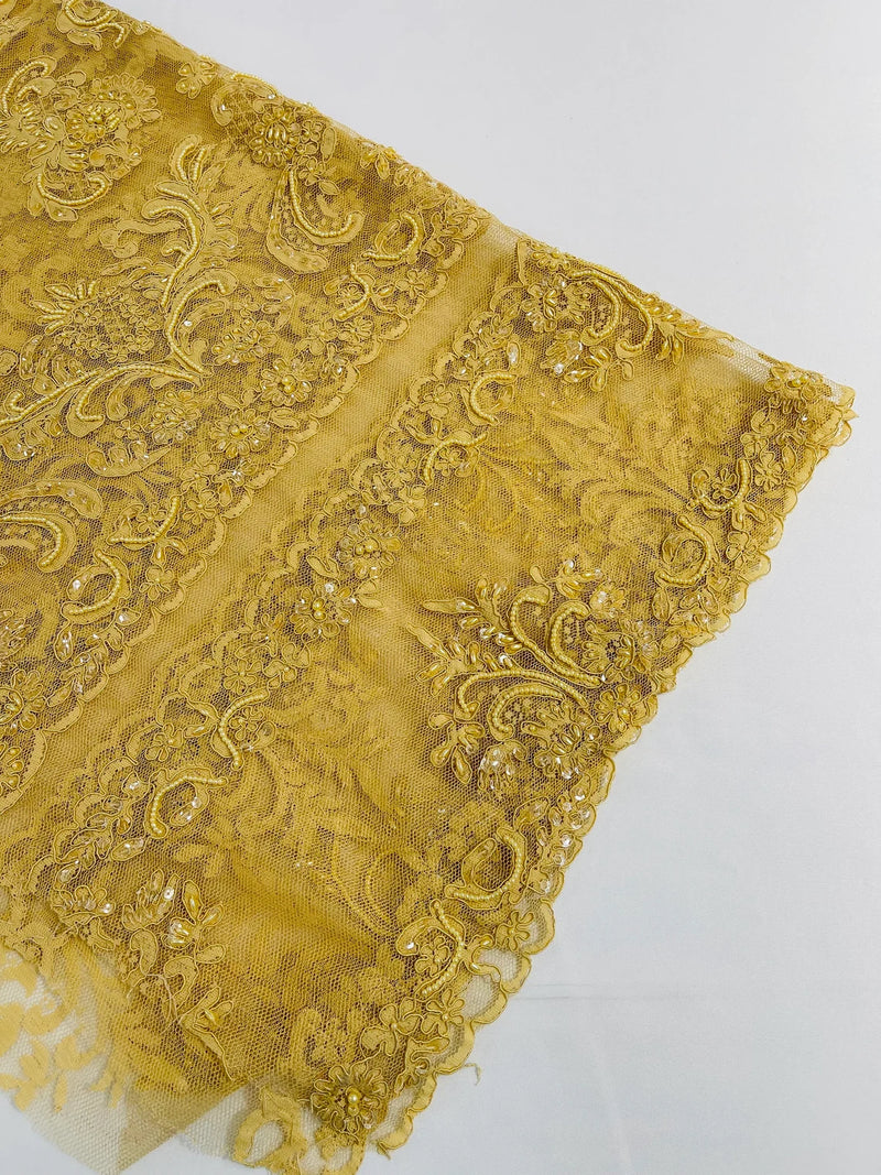 Beaded My Lady Damask Design - Gold - Beaded Fancy Damask Embroidered Fabric By Yard