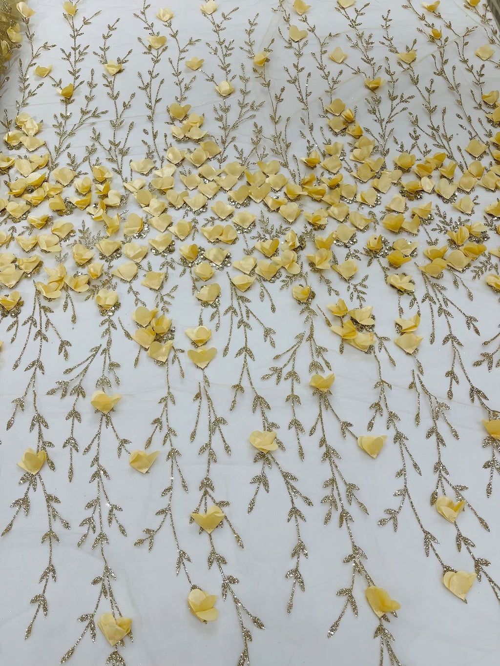 3D Flower Glitter Fabric - Gold - Flower Design on Glitter Mesh Fabric Sold By Yard