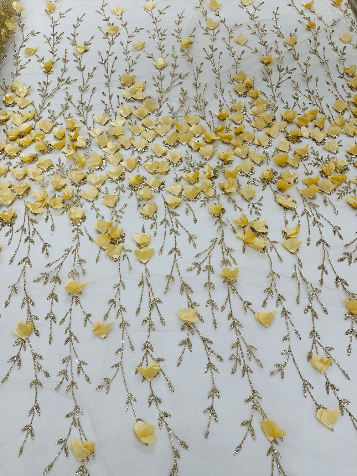 3D Flower Glitter Fabric - Gold - Flower Design on Glitter Mesh Fabric Sold By Yard