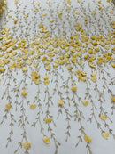 3D Flower Glitter Fabric - Gold - Flower Design on Glitter Mesh Fabric Sold By Yard