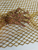 Diamond Sequins Fabric - Gold - Diamond Geometric Net Design on Mesh Lace Fabric By Yard