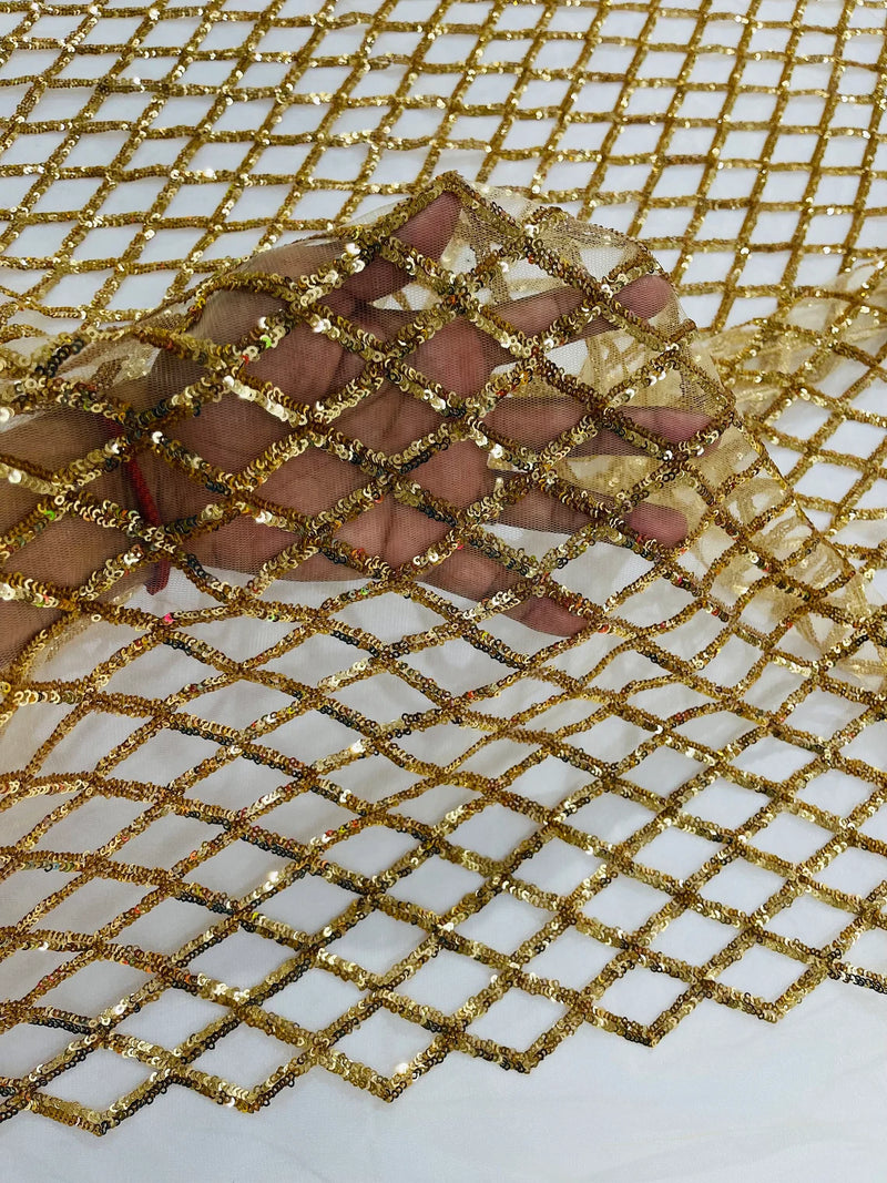 Diamond Sequins Fabric - Gold - Diamond Geometric Net Design on Mesh Lace Fabric By Yard