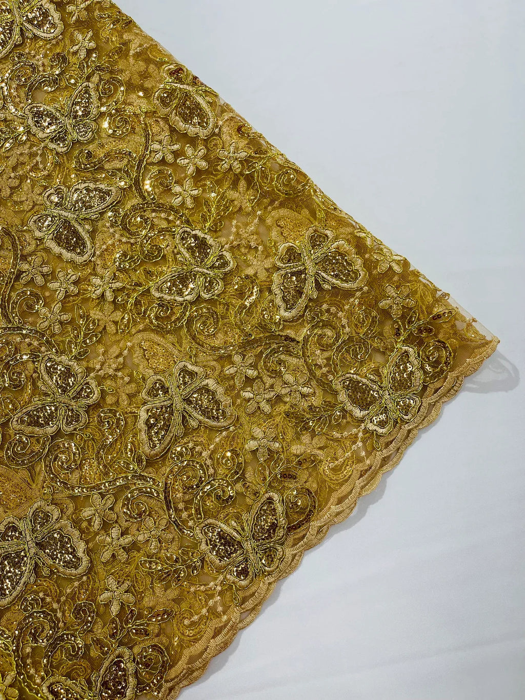 Butterfly Swirl Lace Fabric - Gold - Metallic Sequins Design on Lace Fabric By Yard