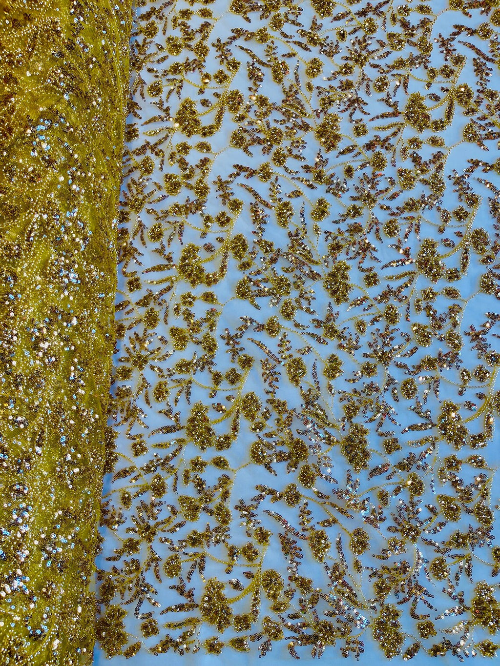 Beaded Floral Plant Design - Gold - Embroidered Beaded Flower Plants Sequins Fabric By Yard