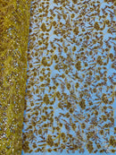 Beaded Floral Plant Design - Gold - Embroidered Beaded Flower Plants Sequins Fabric By Yard