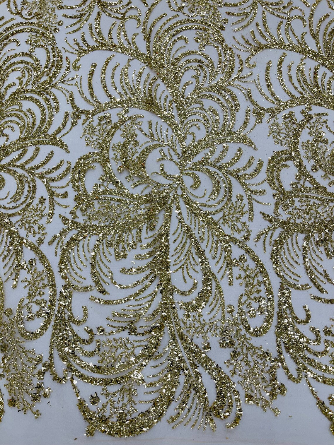 Glitter Palm Leaf Design Fabric - Gold - Tulle Mesh Glitter Leaf Design Fabric Sold By Yard