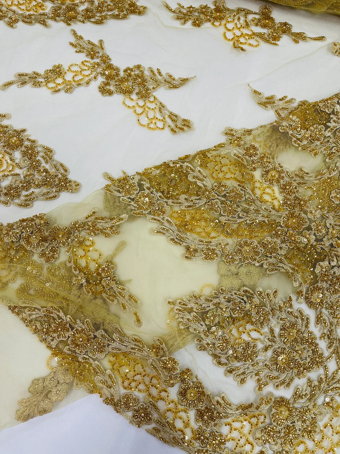 Heavy Bead Floral Fabric - Gold - Beaded Flower Design Fabric Fancy Border By Yard
