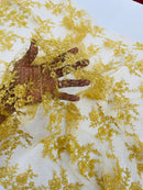 Embroidered Corded Lace Fabric - Gold - Cluster Fancy Flower Embroidered Lace Fabric By Yard