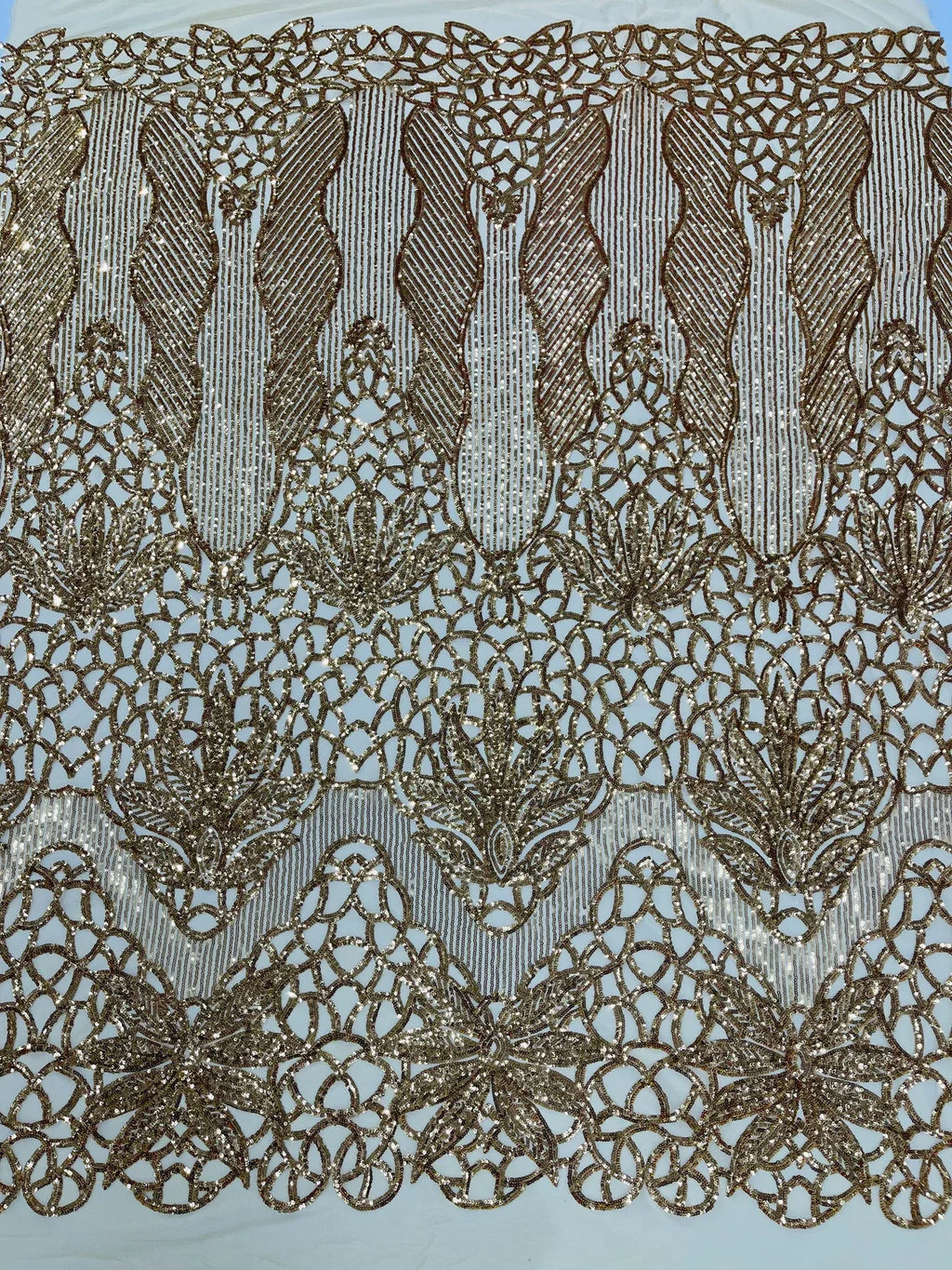 Elegant Floral Leaf Design - Gold - 4 Way Stretch Sequins Lace Spandex Fabric By Yard