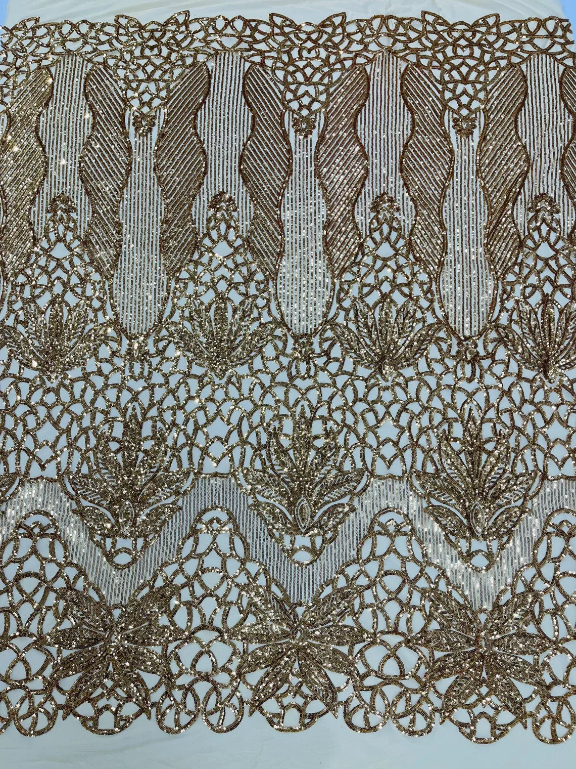 Elegant Floral Leaf Design - Gold - 4 Way Stretch Sequins Lace Spandex Fabric By Yard