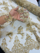 Beaded Floral Fabric - Gold - Embroidered Flower Cluster Beaded Fabric Sold By Yard
