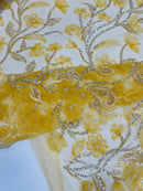 3D Tulle Flower Bead Fabric - Gold - Mesh Flower Plant Design with Beads By Yard
