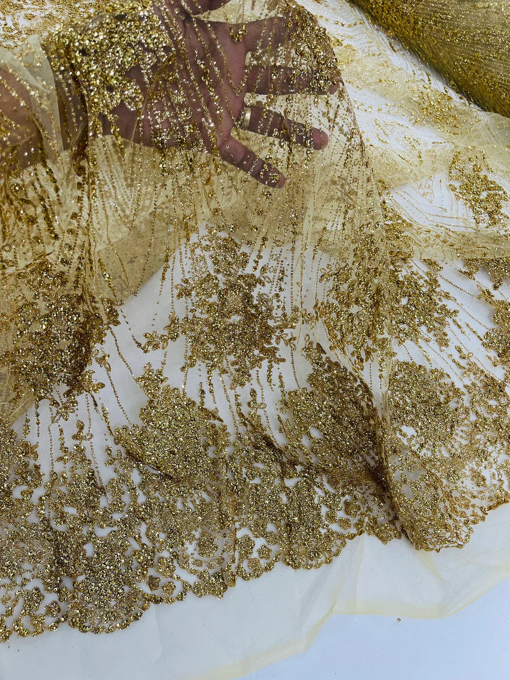 Damask Glitter Fabric - Gold - Geometric Glitter Design Fabric on Mesh by Yard