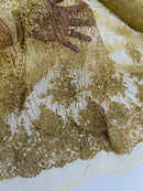 Damask Glitter Fabric - Gold - Geometric Glitter Design Fabric on Mesh by Yard