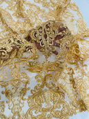 King Lace Pattern Fabric - Gold - Embroidered Sequins on Lace Mesh Fabric By Yard