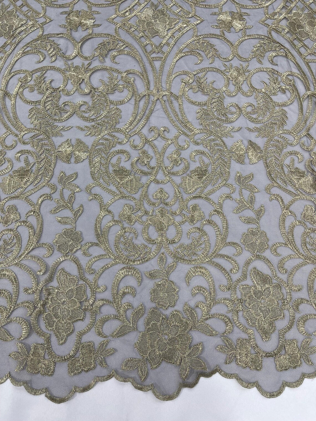 Fancy Damask Lace Fabric - Gold on Black - Embroidered Damask Design Mesh on Lace Fabric by Yard