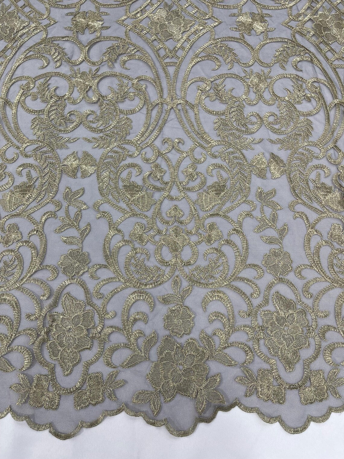 Fancy Damask Lace Fabric - Gold on Black - Embroidered Damask Design Mesh on Lace Fabric by Yard