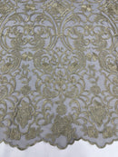 Fancy Damask Lace Fabric - Gold on Black - Embroidered Damask Design Mesh on Lace Fabric by Yard