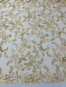 Floral Metallic Lace Fabric - Gold - Corded Embroidered Floral Sequins Fabric by Yard