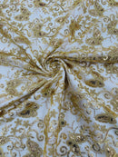 Butterfly Sequins Fabric - Gold - Metallic Floral Butterfly Design on Lace Fabric By Yard