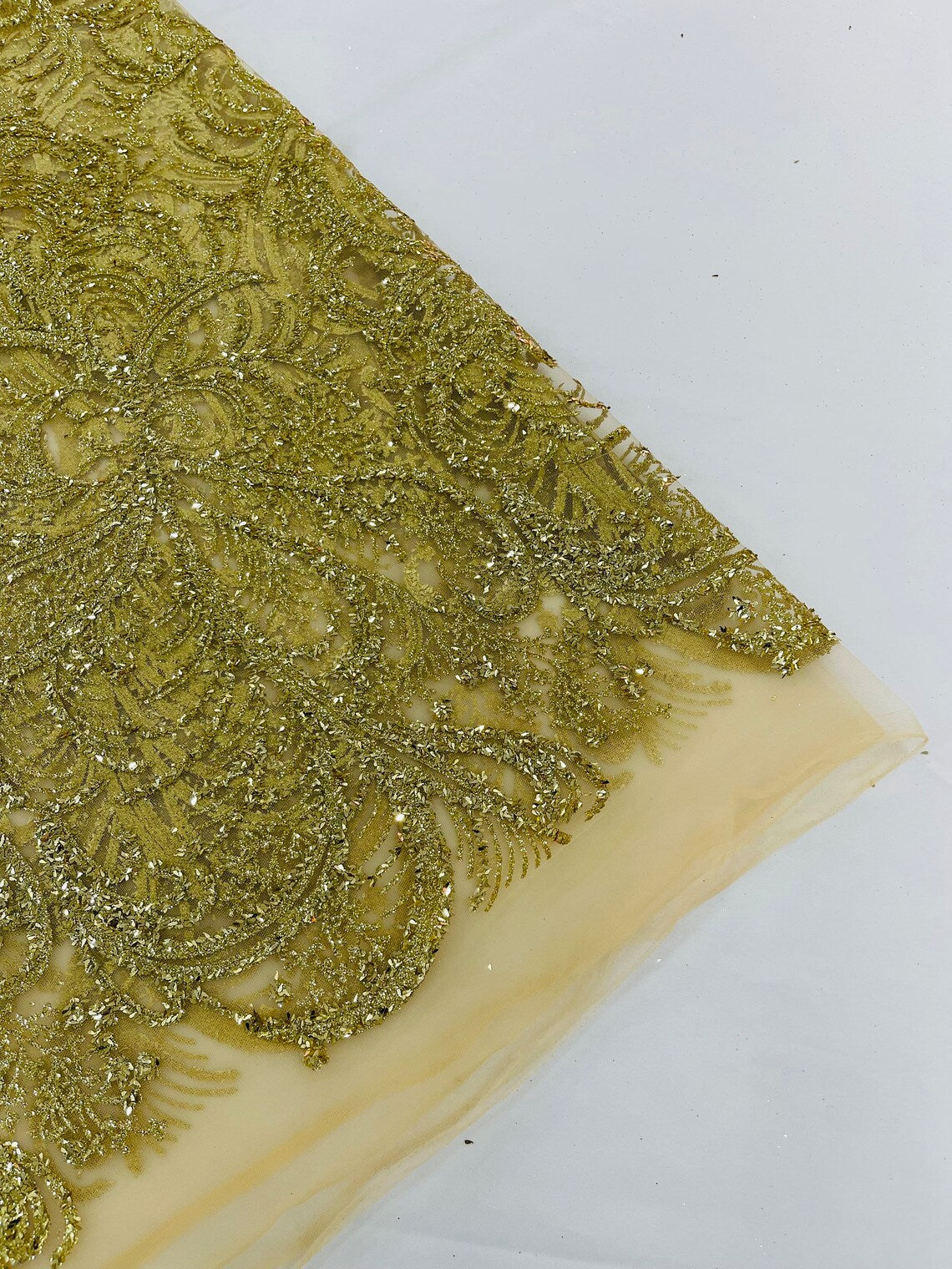 Glitter Palm Leaf Design Fabric - Gold - Tulle Mesh Glitter Leaf Design Fabric Sold By Yard