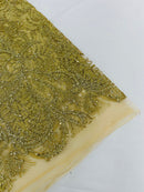 Glitter Palm Leaf Design Fabric - Gold - Tulle Mesh Glitter Leaf Design Fabric Sold By Yard