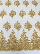 Corded Floral 3D Fabric - Gold - Embroidered Floral Design on Lace Mesh Fabric by Yard