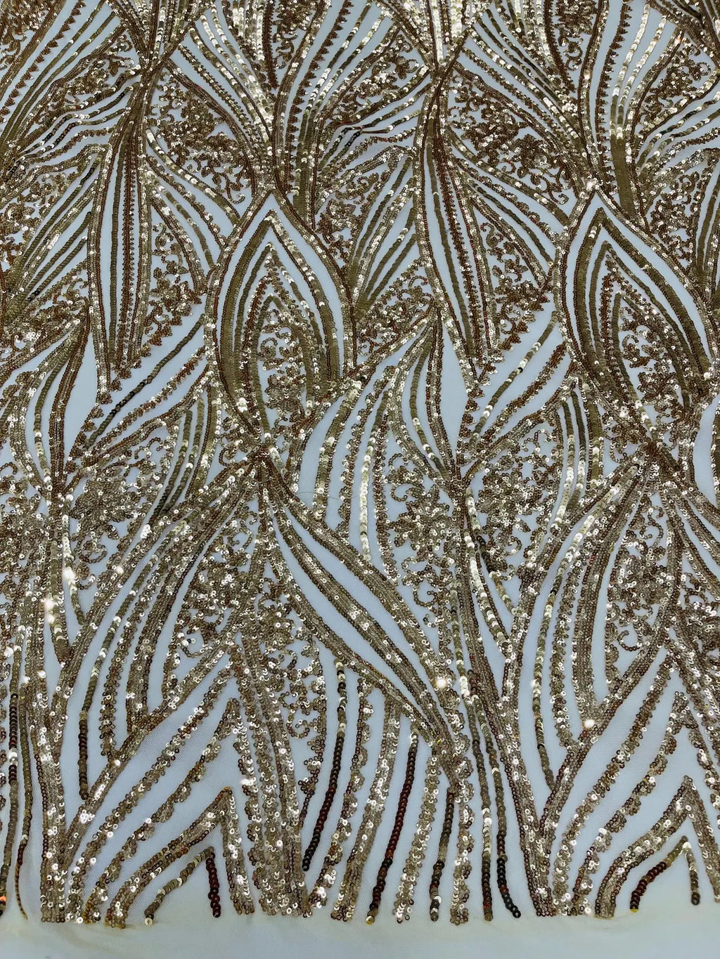 Curvy Line Design Fabric - Gold - 4 Way Stretch Sequins Design Mesh Lace Fabric by Yard