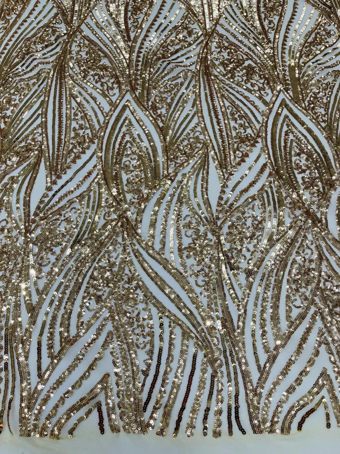 Curvy Line Design Fabric - Gold - 4 Way Stretch Sequins Design Mesh Lace Fabric by Yard