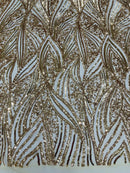 Curvy Line Design Fabric - Gold - 4 Way Stretch Sequins Design Mesh Lace Fabric by Yard