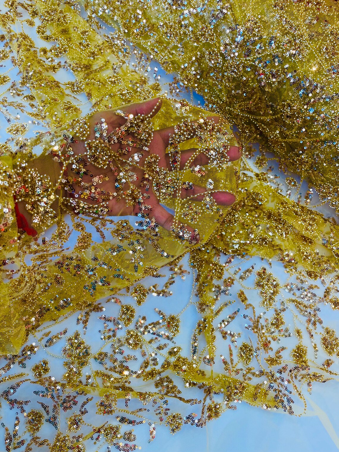 Beaded Floral Plant Design - Gold - Embroidered Beaded Flower Plants Sequins Fabric By Yard
