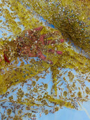 Beaded Floral Plant Design - Gold - Embroidered Beaded Flower Plants Sequins Fabric By Yard