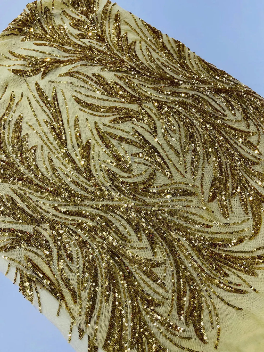 Leaf Design Stretch Sequins - Gold - 4 Way Stretch Lace Mesh Sequins Fabric by Yard