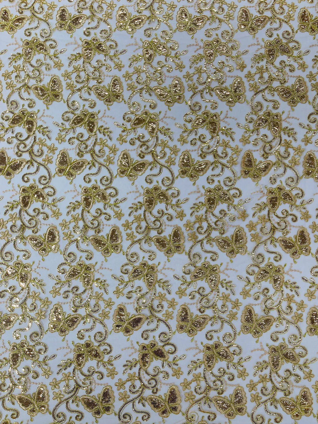 Butterfly Swirl Lace Fabric - Gold - Metallic Sequins Design on Lace Fabric By Yard