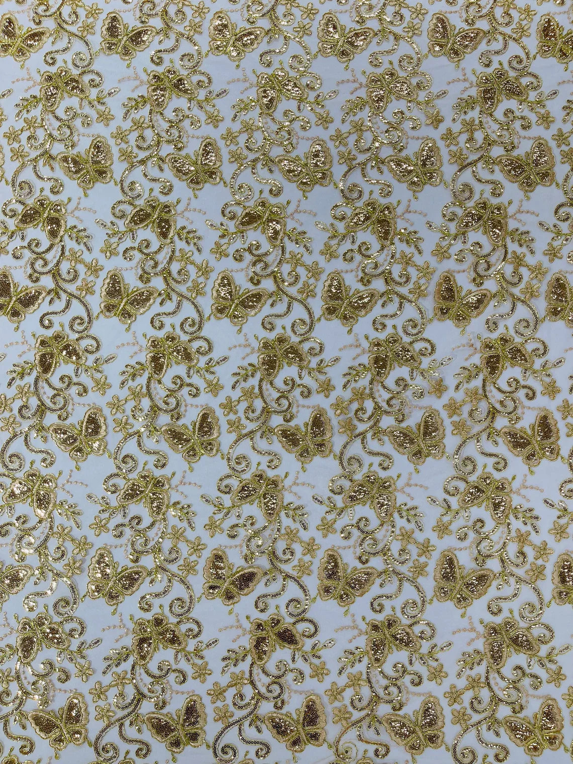 Butterfly Swirl Lace Fabric - Gold - Metallic Sequins Design on Lace Fabric By Yard
