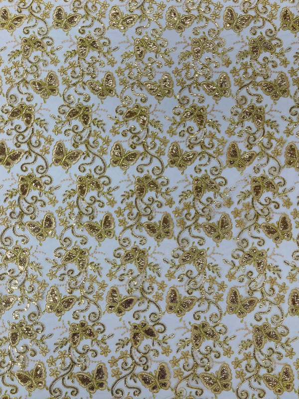 Butterfly Swirl Lace Fabric - Gold - Metallic Sequins Design on Lace Fabric By Yard