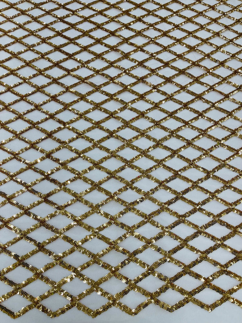 Diamond Sequins Fabric - Gold - Diamond Geometric Net Design on Mesh Lace Fabric By Yard