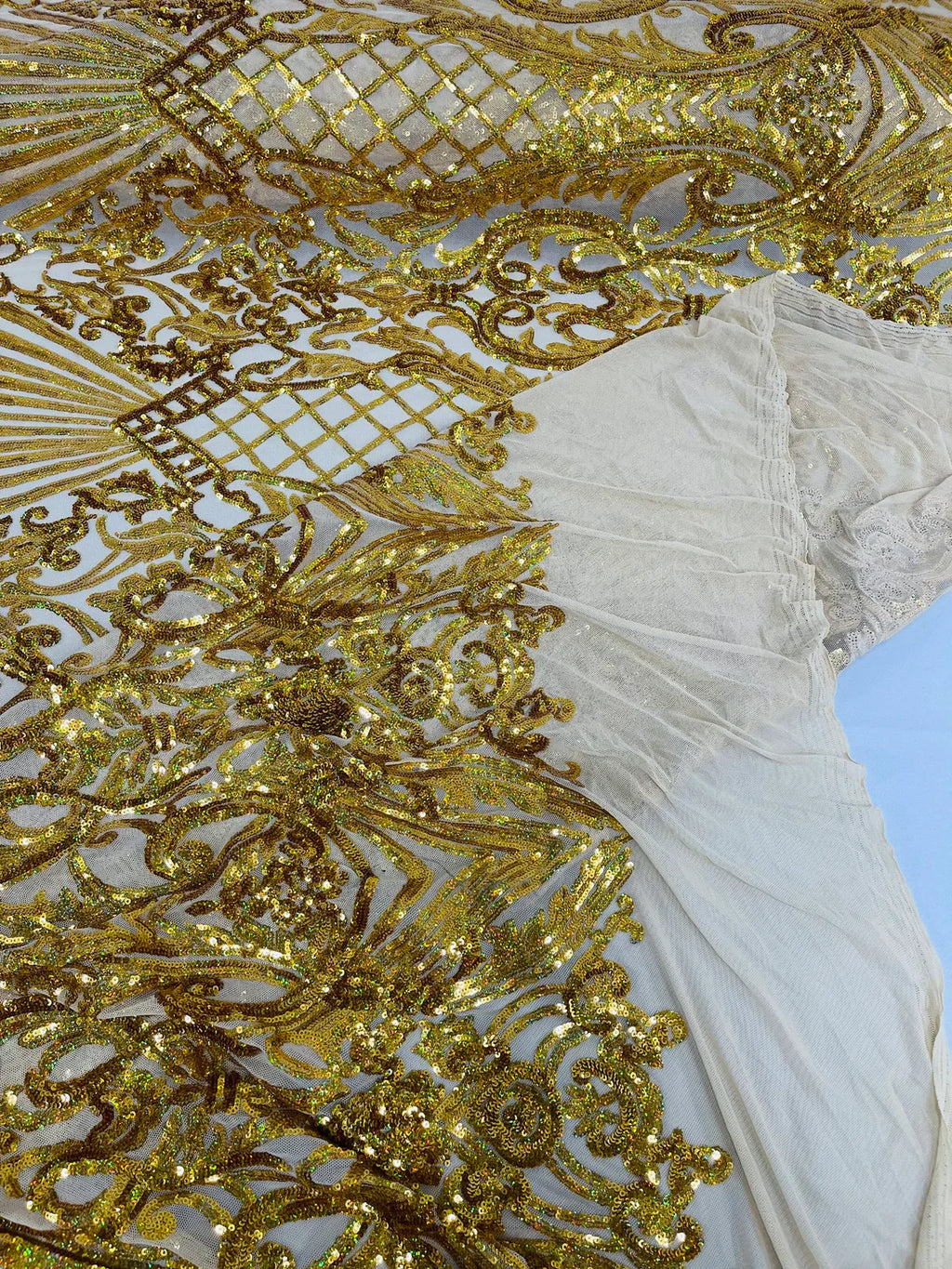 Damask Geometric Sequins - Gold Holographic - 4 Way Stretch Sequins Damask Pattern Design Sold By Yard