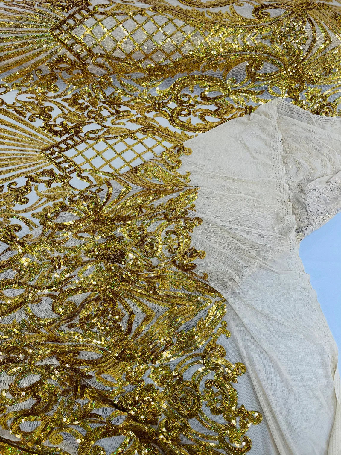 Damask Geometric Sequins - Gold Holographic - 4 Way Stretch Sequins Damask Pattern Design Sold By Yard