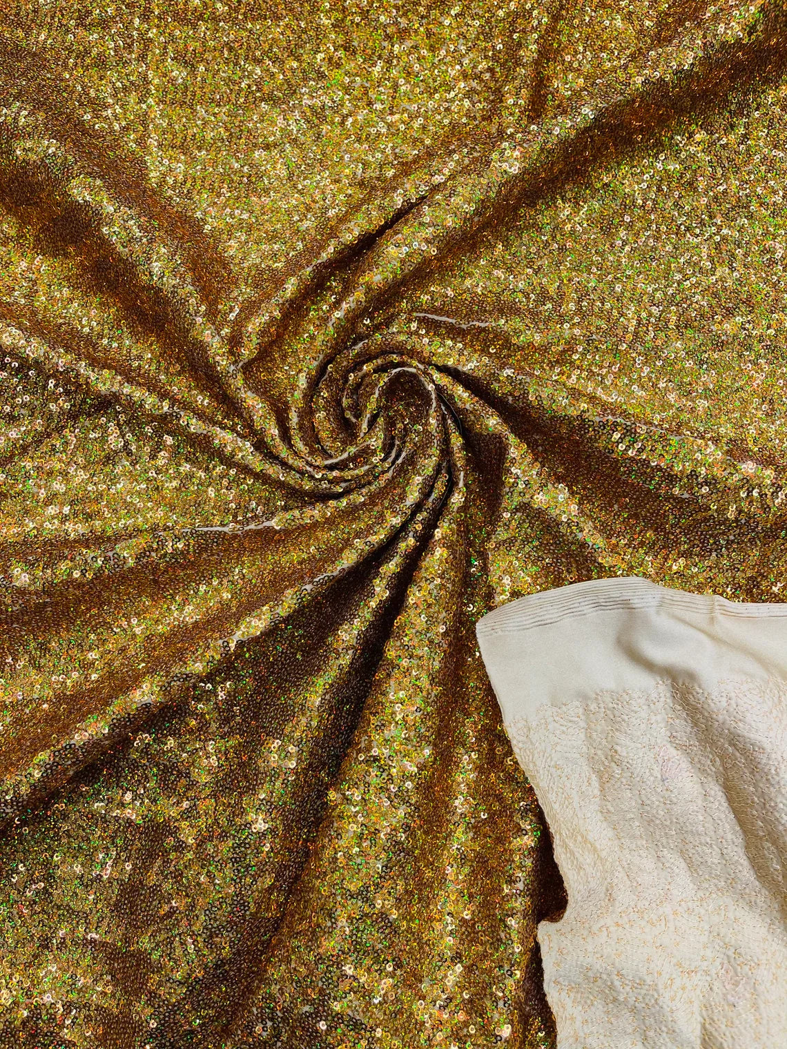 Mini Glitz Sequins Milliskin - Gold Holographic - 4 Way Stretch Milliskin Nylon Spandex Fabric Sold By Yard