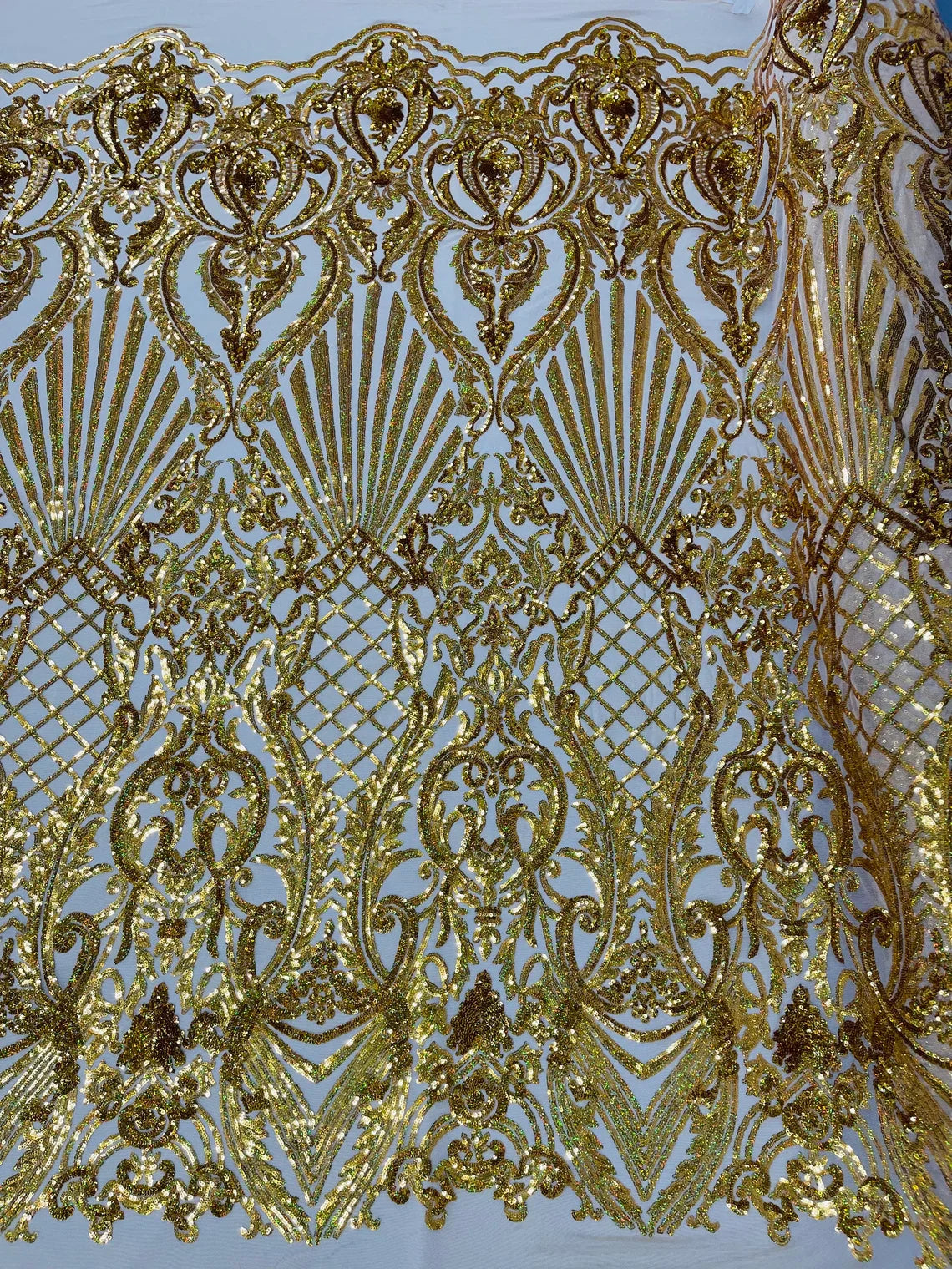 Damask Geometric Sequins - Gold Holographic - 4 Way Stretch Sequins Damask Pattern Design Sold By Yard