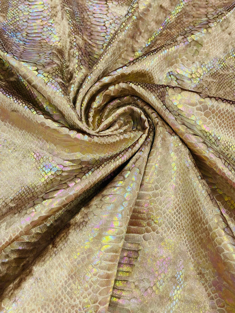 Anaconda Stretch Velvet - Gold Iridescent - 58/60" Stretch Velvet Fabric with Anaconda Snake Print By Yard