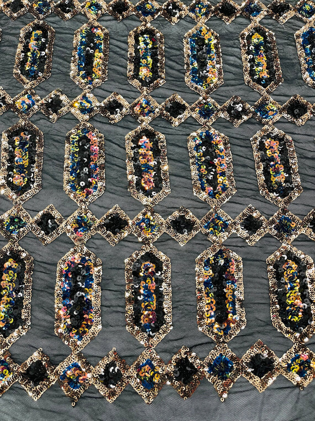 Fancy Gem Jewel Fabric - Gold Iridescent on Black - Geometric Stretch Sequins Design on Mesh By Yard