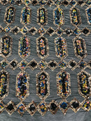Fancy Gem Jewel Fabric - Gold Iridescent on Black - Geometric Stretch Sequins Design on Mesh By Yard